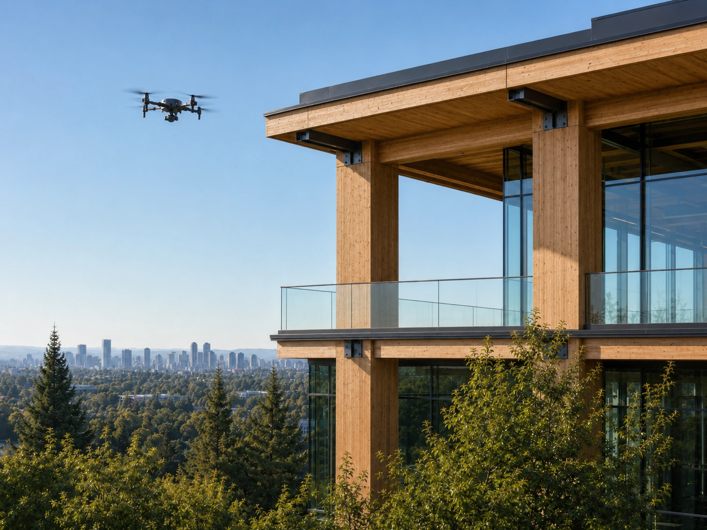 Commercial drone approaching the upper facade and terrace of a modern mass timber building, illustrating full-height exposure to drone threats.