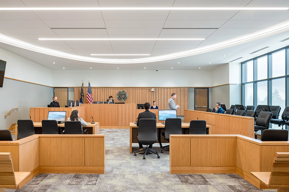 Clackamas County Circuit Courthouse court room interior with judge and lawyers and witness