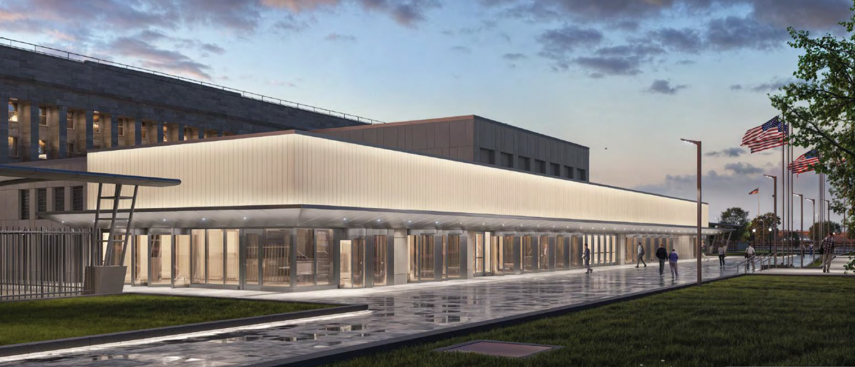 Aerial External Rendering of the Pentagon Metro Entrance Access Control Point Exterior Periphery at Sunset with American Flags