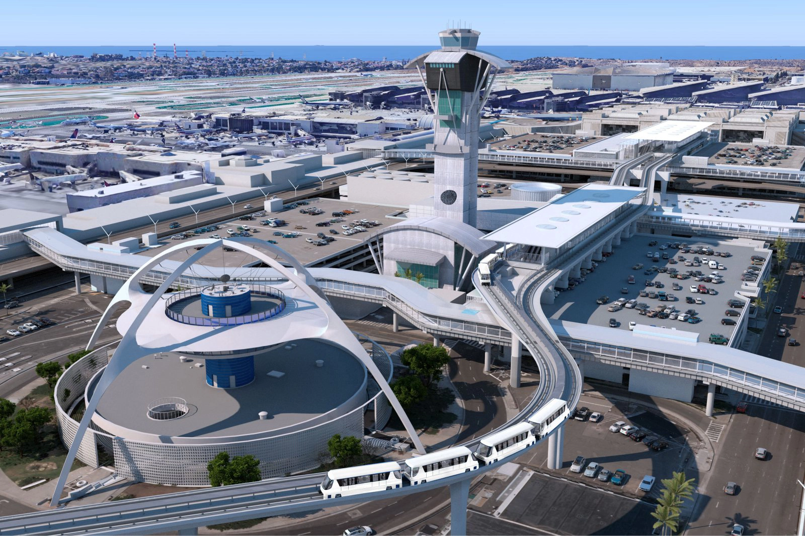 Aerial rendering of Automated People Mover APM system at LAX airport with terminal