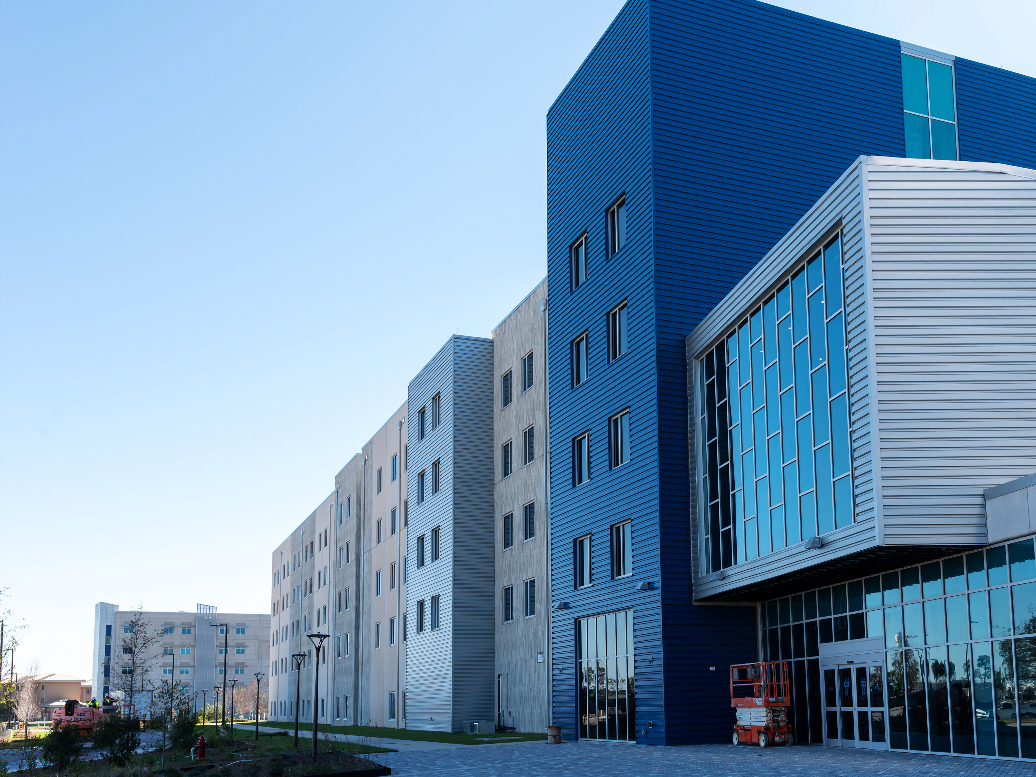 Completed facade of Tyndall Air Force Base lodging facilities post-construction