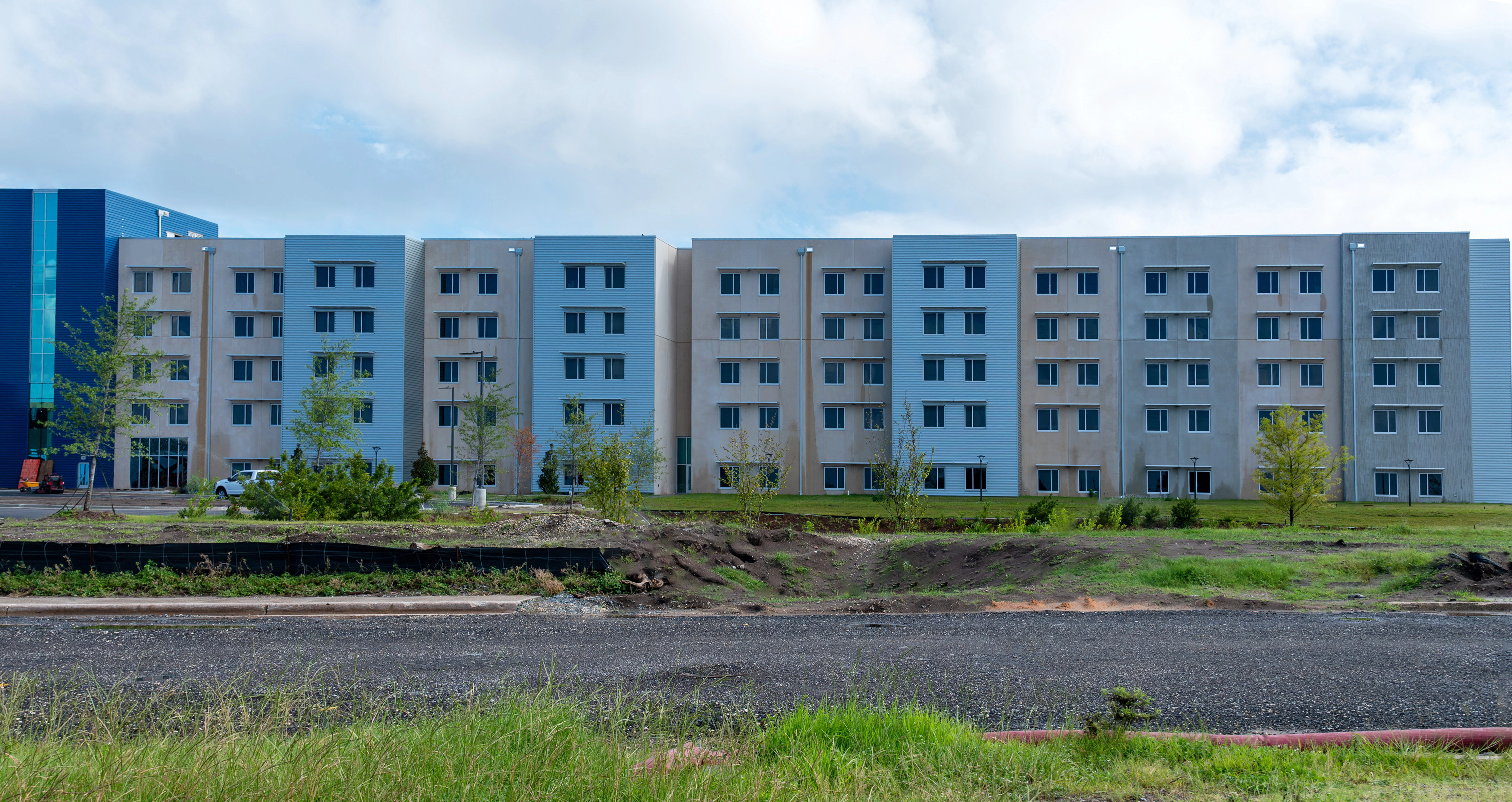Facade of Tyndall Air Force Base lodging facilities rebuild post-Hurricane Michael